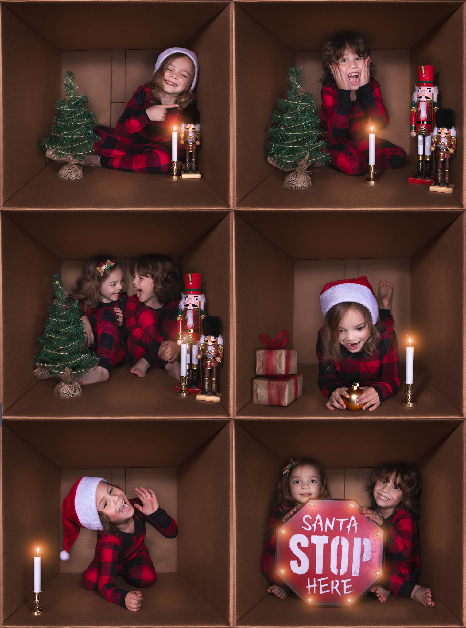 Creative christmas pictuer whre children are inside a box multiple times